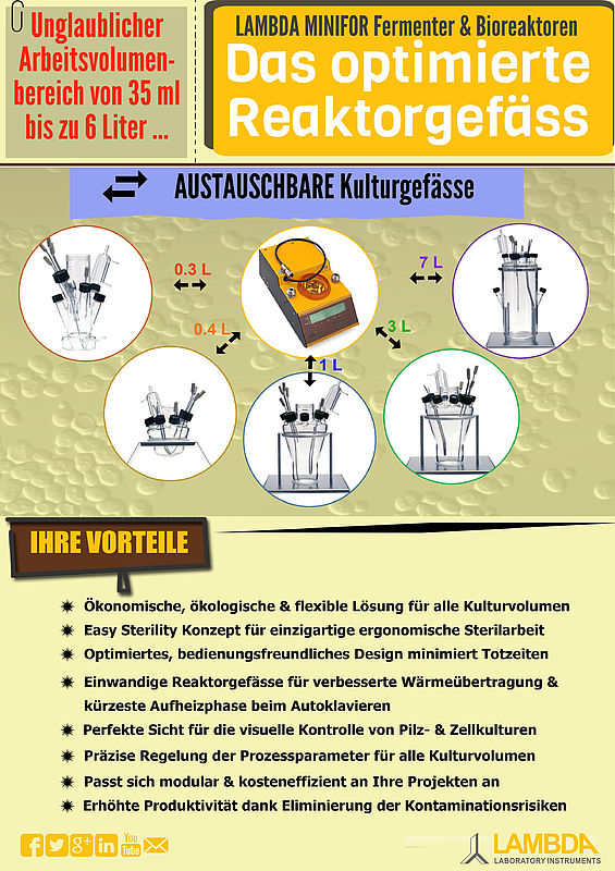 Optimiertes Reaktorgefäss-Design LAMBDA MINIFOR Laborfermenter und Bioreaktoren