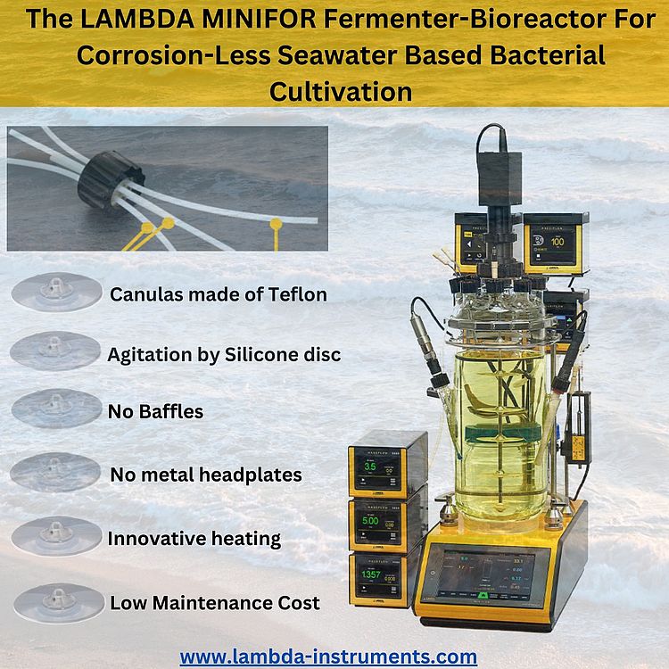 The LAMBDA MINIFOR Fermenter-Bioreactor offers a corrosion-resistant solution for microbial cultivation in marine and seawater environments, ensuring reliable and contamination-free operation.